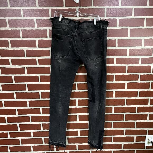 MNML Black Distressed Jeans Rope Drawstring Patches Size 34x32 Cotton Button Fly - Picture 5 of 7